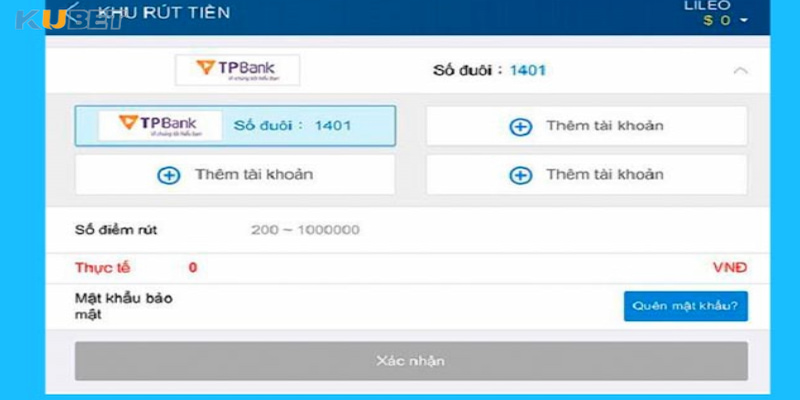 Lệnh rút tiền kubet qua ngân hàng